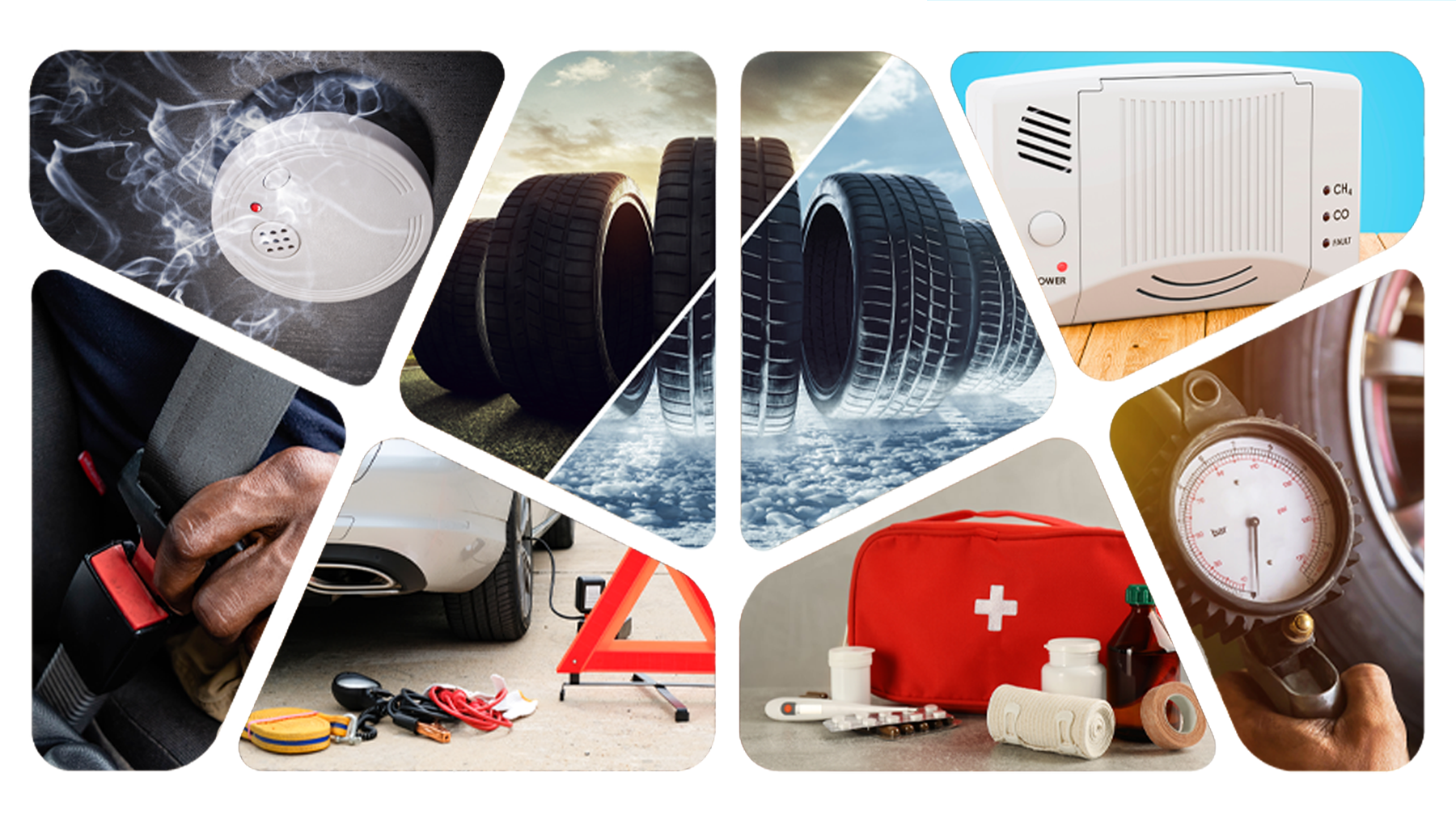 picture of eclectic mix of safety products for RV, including fire extinguisher, carbon monoxide detector, weather systems and more from RV PandA