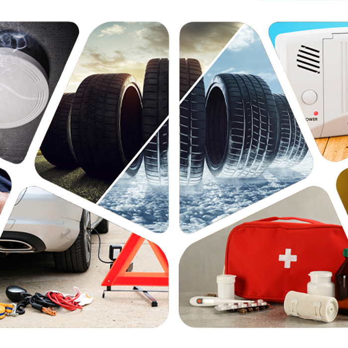 picture of eclectic mix of safety products for RV, including fire extinguisher, carbon monoxide detector, weather systems and more from RV PandA