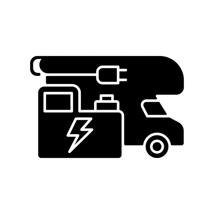 picture of cartoon looking RV - all black with lightning bolt on cartoon looking generator box and outlet plug to denote the title for this blog post:  Choosing the Perfect Generator for your RV Adventures