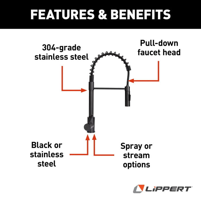 Lippert FlowMax Coiled Pull Down Kitchen Faucet for RVs - Black Matte - 2021090598