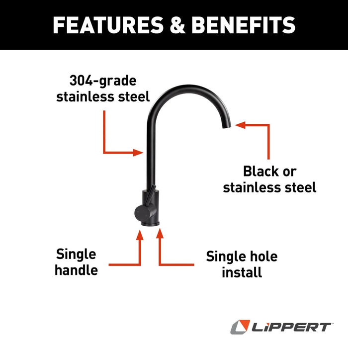 Lippert FlowMax Curved Gooseneck Faucet for RV Kitchen, Black Matte - 2021090601