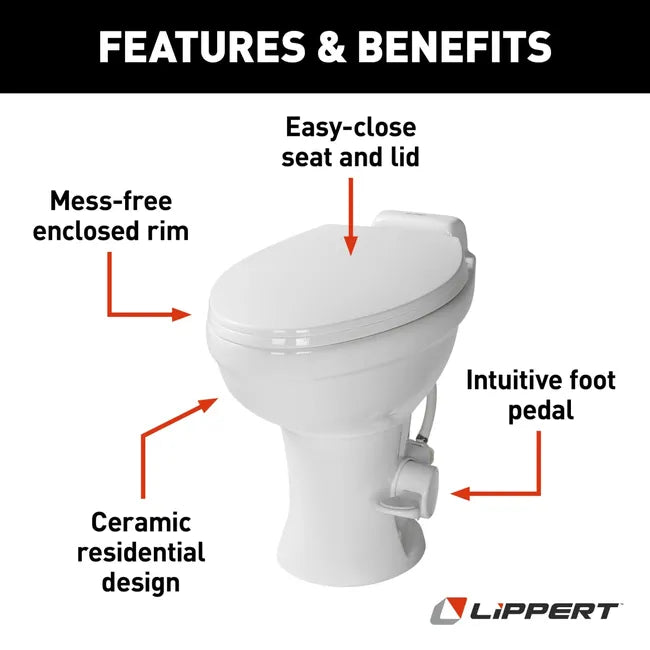 Lippert FlowMax RV Toilet - Elongated Ceramic Bowl, White - 2022113192
