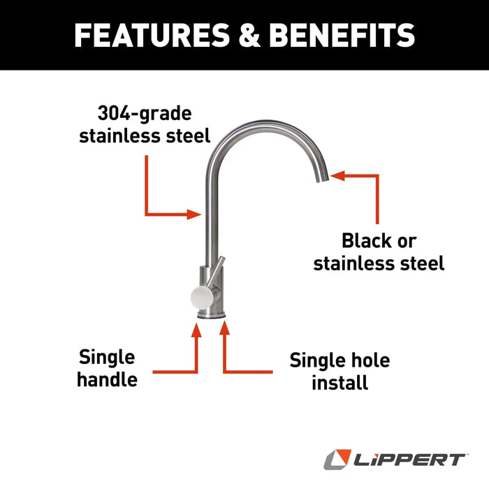 Lippert FlowMax Curved Gooseneck Faucet for RV Kitchen, Stainless Steel - 719324