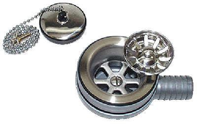 Scandvik Sink Drain with Basket and Stopper - Fits 2-1/16" Drain Hole with 1" Hose Barb Outlet - 390-10308P