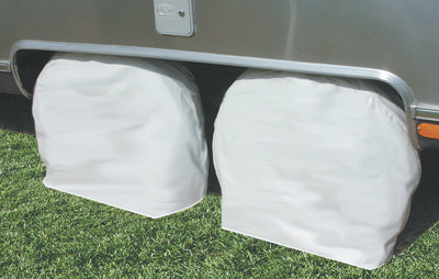 Camco 45324 - Wheel and Tire Protector Covers - Arctic White Vinyl, 2/pack